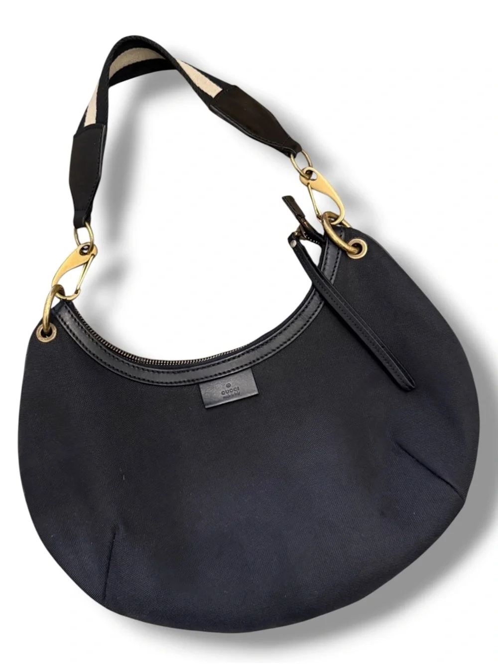 Auth Gucci Black Half Moon Crescent Hobo Bag canvas web Stripe shoulder Strap
